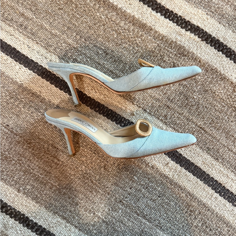 Jimmy Choo Light Blue Heels with Tan Accents - Picture 3 of 5